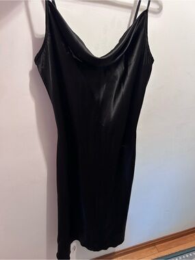 bebe Black Satin Cowl Neck Midi Slip Dress